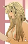  animal_ears bad_id bad_pixiv_id blonde_hair breasts brown_hair copyright_request derivative_work glasses hair_over_breasts highres kaeru_kenshi large_breasts long_hair nipples nude solo 