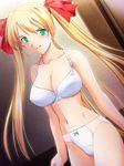  akehime_saki blonde_hair blush bow bow_panties bra breasts cleavage game_cg green_eyes kyouhaku_2 large_breasts lingerie long_hair non-web_source panties ribahara_aki solo twintails underwear underwear_only white_bra white_panties 