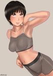  arm_up armpits ayumu_(zenkou) bike_shorts black_hair breasts covered_nipples dated dutch_angle grey_background looking_at_viewer medium_breasts midriff navel orange_eyes original shiny shiny_skin short_hair simple_background smile solo tank_top zenkou 