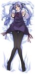  blush dress highres hiiragi_kagami long_hair lucky_star lying pantyhose purple_hair solo takanashi_ringo twintails 