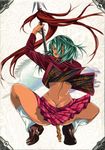  ass back butt_crack earrings from_behind green_eyes green_hair highres ikkitousen jewelry kneehighs looking_back loose_socks magatama magatama_earrings no_panties official_art plaid plaid_skirt pleated_skirt polearm ribbon ryofu_housen scan shiozaki_yuji shirt_lift skirt socks solo spread_legs squatting tan tiptoes twintails weapon white_legwear wide_hips wind wind_lift 