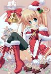  absurdres bell blonde_hair blue_eyes blush candy copyright_request food highres morinaga_korune panties santa_costume solo thighhighs twintails underwear 