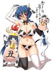  ahoge animal_ears animal_print bell bikini blue_eyes blue_hair blush breasts chinese_zodiac cow cow_ears cow_girl cow_print elbow_gloves glasses gloves hand_puppet highres horns large_breasts long_hair multiple_girls navel new_year ngo original puppet red-framed_eyewear red_eyes swimsuit tail thighhighs year_of_the_ox 