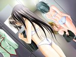  black_hair bra daisy_chain_~terminator_girl~ dutch_angle game_cg kamishiro_youko lingerie locker locker_room long_hair mirror multiple_girls orange_eyes panties reflection striped striped_panties tamiya_akito underwear underwear_only undressing 