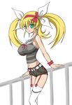  bare_shoulders blonde_hair breasts covered_nipples earrings garters green_eyes huge_breasts impossible_clothes impossible_shirt jewelry long_hair miyata_gakuman nipples ribbon shirt shishidou_nami short_shorts shorts solo sora_wo_kakeru_shoujo thighhighs twintails 