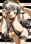  adjusting_hair bare_shoulders bent_over bikini bracelet breasts cleavage garters hairband huge_breasts idolmaster idolmaster_(classic) idolmaster_1 jewelry long_hair red_eyes shijou_takane silver_hair slingshot_swimsuit solo swimsuit toudori 