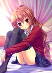  aisaka_taiga bed blush brown_eyes brown_hair long_hair oohashi_high_school_uniform panties pantyshot pantyshot_(sitting) school_uniform sitting skirt solo striped striped_panties thighhighs toradora! uehara_yukihiko underwear 