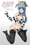  2009 animal_print bikini black_legwear blue_hair breasts chinese_zodiac copyright_request cow_hat cow_print elbow_gloves gloves hat inumaru_(sougen_no_marogoya) large_breasts new_year side-tie_bikini solo swimsuit thighhighs year_of_the_ox yellow_eyes 