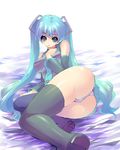  aqua_eyes aqua_hair ass bad_id bad_pixiv_id blush detached_sleeves frown hatsune_miku kobanzame long_hair looking_at_viewer lying on_side panties shy solo thighhighs thighs twintails underwear vocaloid 
