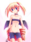  arcana_heart bandeau bare_shoulders bat_wings bike_shorts blonde_hair blue_eyes collar demon_girl earrings flat_chest groin jewelry lilica_felchenerow pointy_ears solo spandex strapless tubetop twintails undressing unikurage wings zipper 