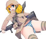  assault_rifle bad_id bad_pixiv_id blue_eyes call_of_duty call_of_duty_4 freckles genderswap genderswap_(mtf) gun happy helmet hisakawa_chin m4_carbine military military_uniform orange_hair panties paul_jackson rifle rocket rocket_launcher rpg rpg-7 solo striped striped_legwear striped_panties thighhighs underwear uniform weapon 