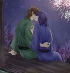  aerial_fireworks closed_eyes fireworks glasses gundam gundam_00 hisui_yuu hug kiss lockon_stratos male_focus multiple_boys neil_dylandy night purple_hair tieria_erde yaoi 