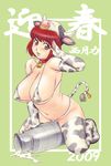  2009 animal_ears animal_print areolae bell bell_collar bikini blush breasts brown_eyes collar copyright_request covered_nipples cow_print cow_tail elbow_gloves fingerless_gloves gloves huge_breasts micro_bikini milk new_year nishitsuki_tsutomu pussy_juice red_hair salute sexually_suggestive short_hair solo straddling swimsuit tail thighhighs 