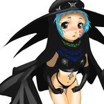  artist_request black_panties blue_hair blush cape cosplay cross gloves grey_eyes hat lowres midriff navel panties persona persona_3 scathach scathach_(cosplay) scathach_(shin_megami_tensei) solo underwear witch yamagishi_fuuka 