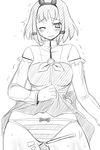  blush copyright_request elbow_gloves gloves greyscale monochrome panties short_hair skirt skirt_lift solo striped striped_panties stylus sweat trembling underwear utamaro 