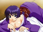  ai_yori_aoshi artist_request blue_eyes blue_hair breast_press breasts cleavage japanese_clothes kimono lying medium_breasts no_bra on_stomach open_mouth sakuraba_aoi short_hair solo 