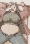  belly big_belly breasts brown_hair fat glasses huge_breasts kobayakawa_horan midriff navel nekokami open_pants original sleeping solo sweater unzipped 
