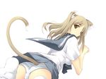  animal_ears cat_ears copyright_request looking_back panties paw_pose satomi school_uniform solo striped striped_panties tail underwear yellow_eyes 