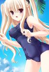  blonde_hair bra-ban! breasts covered_nipples hibarigaoka_yuki impossible_clothes impossible_swimsuit large_breasts long_hair mikagami_mamizu mole mole_under_eye one-piece_swimsuit open_mouth purple_eyes school_swimsuit shirt solo swimsuit taut_clothes taut_shirt twintails 