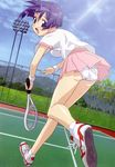  ai_yori_aoshi blue_eyes blue_hair frilled_panties frills highres hosoda_naoto looking_back panties pantyshot racket sakuraba_aoi short_hair skirt solo sweat tennis tennis_court tennis_racket underwear 