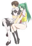  1girl apron bottomless crossdressing feet green_hair higurashi_no_naku_koro_ni ikuhashi_muiko maebara_keiichi maid necktie pantyhose ponytail red_neckwear socks sonozaki_mion 