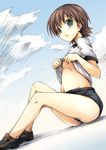  breasts brown_hair buruma green_eyes gym_uniform hirakawa_natsumi kusakami_akira kyou_no_go_no_ni no_socks shirt_lift shoes short_hair sitting small_breasts solo underboob 