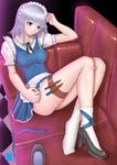  akai_yami braid feet highres izayoi_sakuya knife long_legs shoes short_hair silver_hair single_shoe socks solo touhou twin_braids 