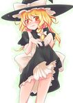  blonde_hair blush braid dress dress_lift hair_ribbon hat kirisame_marisa mayuge_inu no_panties ribbon solo touhou wet witch_hat yellow_eyes 