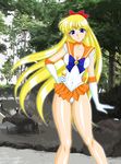  1girl aino_minako bishoujo_senshi_sailor_moon blonde_hair blue_eyes breasts choker cleavage hair_ribbon hand_on_hip highres hips legs marubayashi_shumaru miniskirt panties pantyshot ribbon sailor_fuku sailor_venus school_uniform serafuku short_skirt skirt solo underwear upskirt 