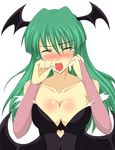  bad_id bad_pixiv_id banned_artist bare_shoulders blush breasts cleavage closed_eyes demon_wings green_hair head_wings large_breasts long_hair morrigan_aensland open_mouth s_tanly solo tears vampire_(game) wings 