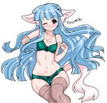  695_(mukuko) animal_ears bad_id bad_pixiv_id blue_hair blush body_blush bra copyright_request lingerie long_hair navel oekaki one_eye_closed panties simple_background smile solo tail thighhighs underwear underwear_only wide_hips 