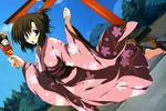  :o absurdres blush brown_eyes brown_hair character_request dengeki_hime dutch_angle floral_print hagoita highres japanese_clothes kimono non-web_source open_mouth paddle sandals solo source_request torii tsukinon 
