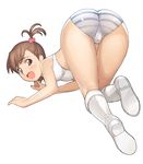  a1 all_fours ass bent_over blush boots bra brown_eyes brown_hair embarrassed futami_mami hair_bobbles hair_ornament idolmaster idolmaster_(classic) idolmaster_1 lingerie looking_back panties short_hair side_ponytail solo striped striped_panties tears thigh_gap top-down_bottom-up trefoil underwear underwear_only 