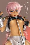  bad_id bad_pixiv_id bandeau breasts dark_skin fingerless_gloves gloves gundam gundam_zz illia_pazom large_breasts midriff pink_eyes pink_hair rakuto_mangan solo strapless sword tears tubetop underboob weapon 