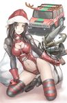  antlers black_hair bodysuit boots breasts car christmas christmas_elf cleavage elf gloves grenade_launcher ground_vehicle hat hummer kuratch leather medium_breasts midriff motor_vehicle navel original pointy_ears red_leather sack santa_costume santa_hat solo striped striped_legwear thighhighs weapon yellow_eyes zipper 