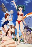  6+girls aircraft airplane arm_up ass ball barefoot beach_umbrella bikini cloud day doi_shizuha honjou_mikaze jet kikuhara_karin kisaragi_sayaka megami multiple_boys multiple_girls nakamura_ayamo navel official_art red_bikini side-tie_bikini sky stratos_4 sunglasses swimsuit tsr-2 twintails umbrella yamauchi_noriyasu 