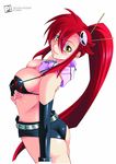  ass belt bikini_top breasts cleavage gloves hair_ornament hozumi_takashi large_breasts long_hair midriff ponytail red_hair scarf short_shorts shorts smile solo tengen_toppa_gurren_lagann yellow_eyes yoko_littner 