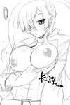  bouncing_breasts breasts copyright_request greyscale hair_over_one_eye large_breasts monochrome short_hair solo utamaro 