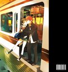  1girl bag couple ground_vehicle hetero hug hug_from_behind kiss konno_makoto koutarou_(farthest) mamiya_chiaki panties pantyshot school_uniform skirt toki_wo_kakeru_shoujo train train_interior underwear 