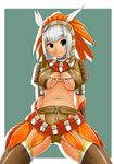  arm_support armor arms_behind_back bangs belt beltskirt blunt_bangs bob_cut breasts brown_legwear brown_panties crop_top elbow_gloves fangs feathers gloves green_eyes hat headdress hypnocatrice_(armor) large_breasts leather looking_at_viewer midriff monster_hunter naughty_face navel no_bra open_clothes open_shirt panties reclining shadow shiny shiny_clothes shiny_hair shirt short_hair silver_hair simple_background sitting smile solo spread_legs thighhighs underboob underwear 
