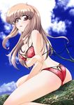  1girl :o arm_grab ass back bangs bikini blush body_blush breasts brown_hair butt_crack cleavage cloud dead_or_alive embarrassed erect_nipples female floral_print hairband highres hitomi hitomi_(doa) in_tree large_breasts long_hair looking_at_viewer looking_back open_mouth outdoors payot pink_eyes print_bikini profile shiny shiny_hair shiny_skin sidelocks sitting sitting_in_tree sky solo straddle straddling string_bikini swimsuit tatibana tecmo thighs tree tree_sitting underboob untied wardrobe_malfunction 