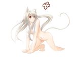  all_fours animal_ears barefoot cat_ears copyright_request nude red_eyes satomi solo tail towel white_hair 