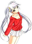  brown_eyes hair_tie hair_ties long_hair miniskirt nadescio red_shirt shirt silver_hair skirt 