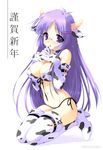  animal_ears animal_print bikini blush boots breasts cleavage cow_print elbow_gloves emily_(pure_dream) front-tie_top glasses gloves horns large_breasts new_year original purple_hair side-tie_bikini solo string_bikini swimsuit thigh_boots thighhighs 