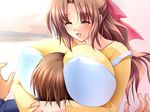  1girl blush bow breast_smother breasts brown_hair closed_eyes covered_nipples game_cg hair_bow hitorijime! huge_breasts long_hair mochida_harue non-web_source open_mouth solo_focus 