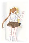  against_wall ahoge bad_id bad_pixiv_id blonde_hair blush bow brown_hair fate_testarossa hair_bow kiss long_hair lyrical_nanoha mahou_shoujo_lyrical_nanoha mahou_shoujo_lyrical_nanoha_a's misuzu_(iridescence) multiple_girls panties pantyshot restrained school_uniform seishou_middle_school_uniform side_ponytail skirt takamachi_nanoha underwear very_long_hair yellow_panties yuri 