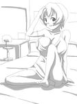  bad_feet bad_id bad_pixiv_id bare_shoulders barefoot bed bedroom blush breasts feet greyscale huge_breasts monochrome narie_ken short_hair sitting sketch solo 