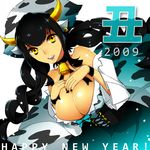  2009 bell bell_collar black_hair black_nails breasts cleavage collar copyright_request cow_bell cow_girl horns huge_breasts mami_(apsaras) nail_polish new_year solo yellow_eyes 
