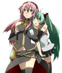  :&lt; ahoge armband bad_id bad_pixiv_id belt breast_envy breast_grab breasts detached_sleeves grabbing green_eyes green_hair groping hatsune_miku headphones jingiruu large_breasts long_hair megurine_luka multiple_girls pink_hair skirt thighhighs triangle_mouth twintails vocaloid 