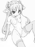  animal_ears breasts copyright_request cow_ears earrings elbow_gloves fingerless_gloves garters gloves greyscale horns jewelry leotard long_hair monochrome munashi_mujou sitting small_breasts solo thighhighs 